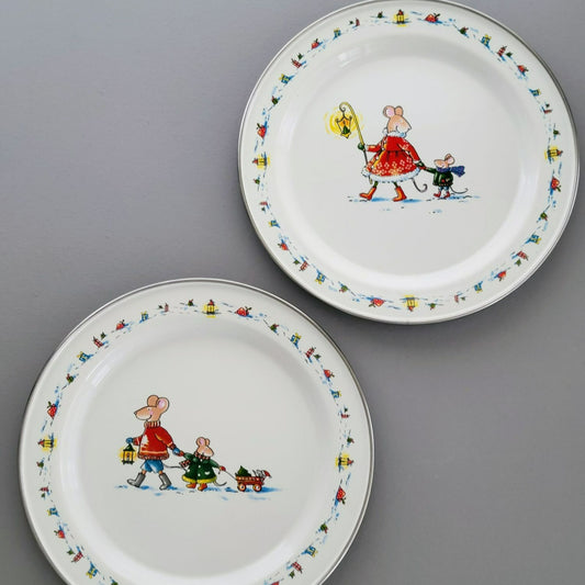World Market Christmas Mouse Holiday Enamel Plate & Bowl Set of 3