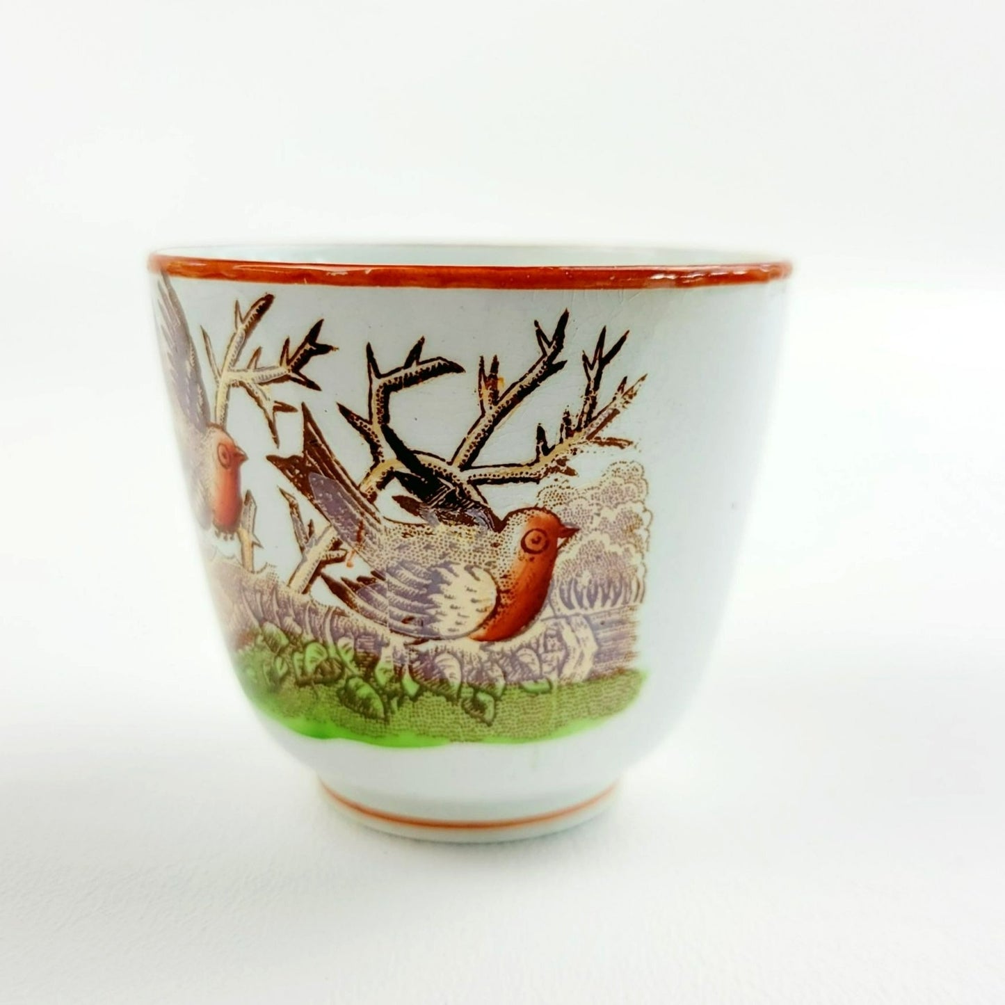 Antique Petrus Regout Demitasse Cup & Saucer Set, Red & Brown Bird Design, Netherlands c. Late 1800s