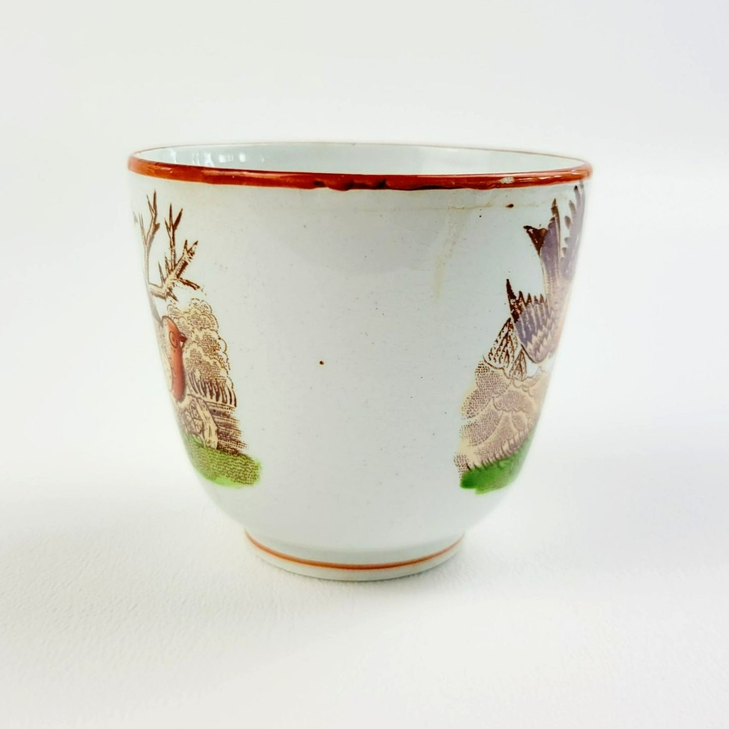 Antique Petrus Regout Demitasse Cup & Saucer Set, Red & Brown Bird Design, Netherlands c. Late 1800s