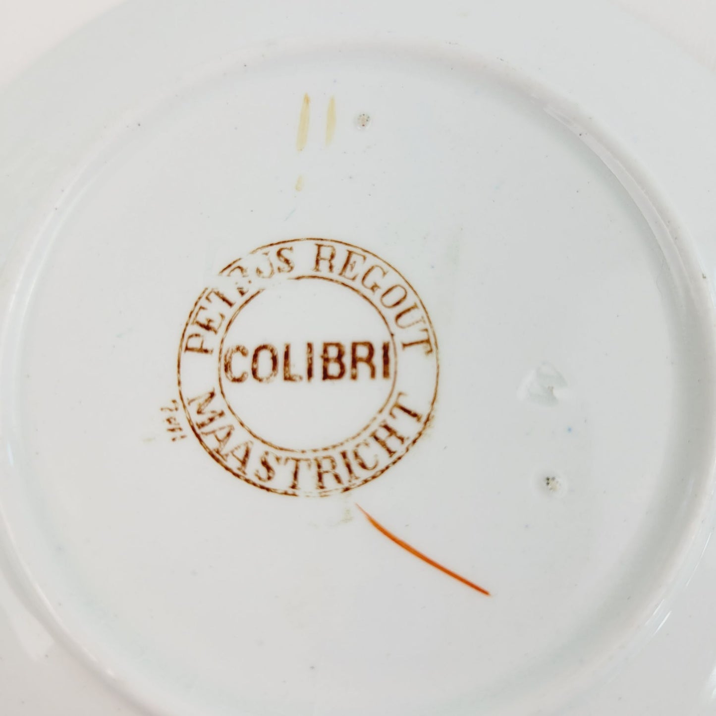 Antique Petrus Regout Demitasse Cup & Saucer Set, Red & Brown Bird Design, Netherlands c. Late 1800s