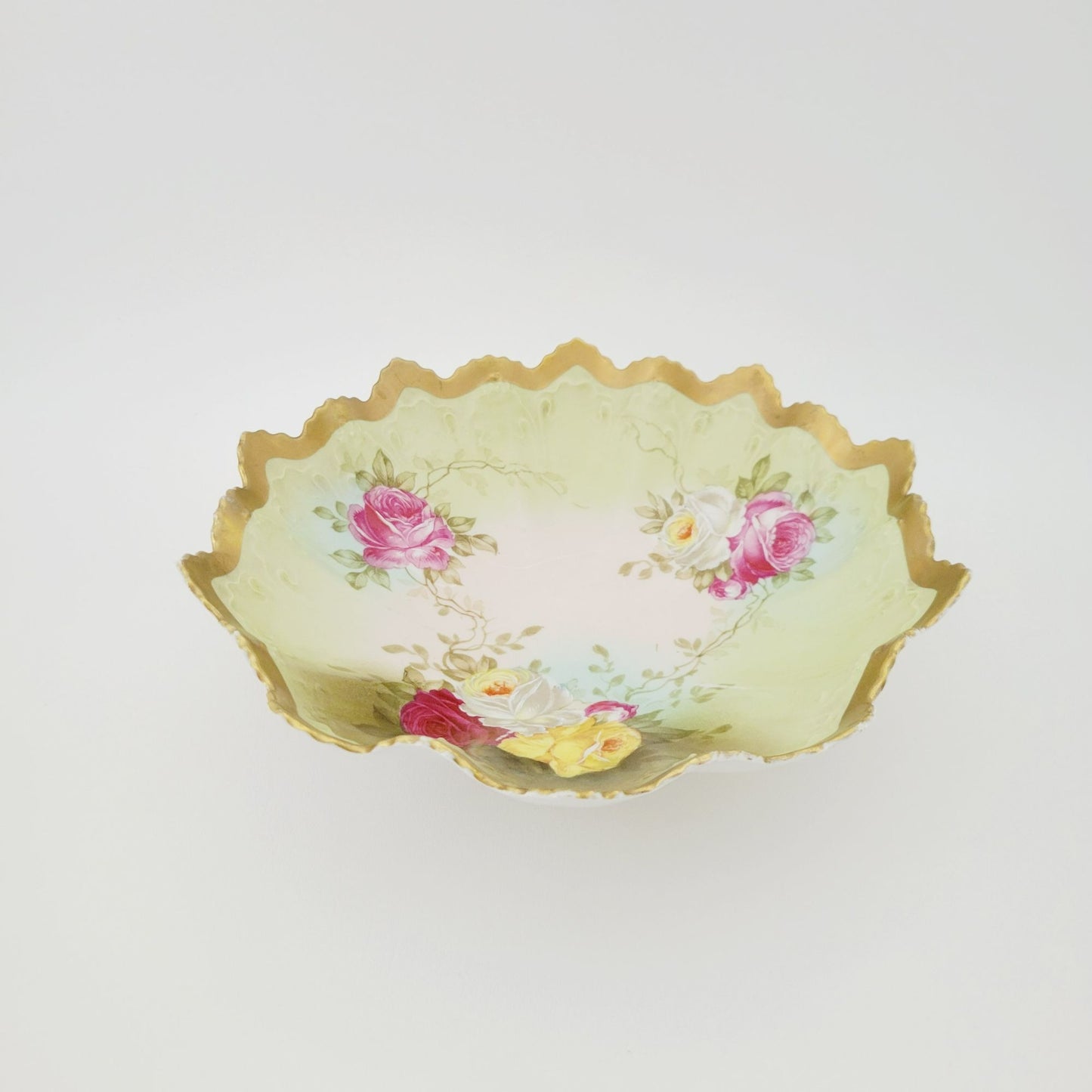 Antique M.Z Austria Cabinet Bowl, Hand Painted Green with Roses, Heavy Gold & Embossed Edging c.1884-1909