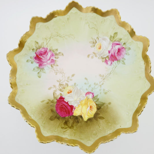 Antique M.Z Austria Cabinet Bowl, Hand Painted Green with Roses, Heavy Gold & Embossed Edging  c.1884-1909