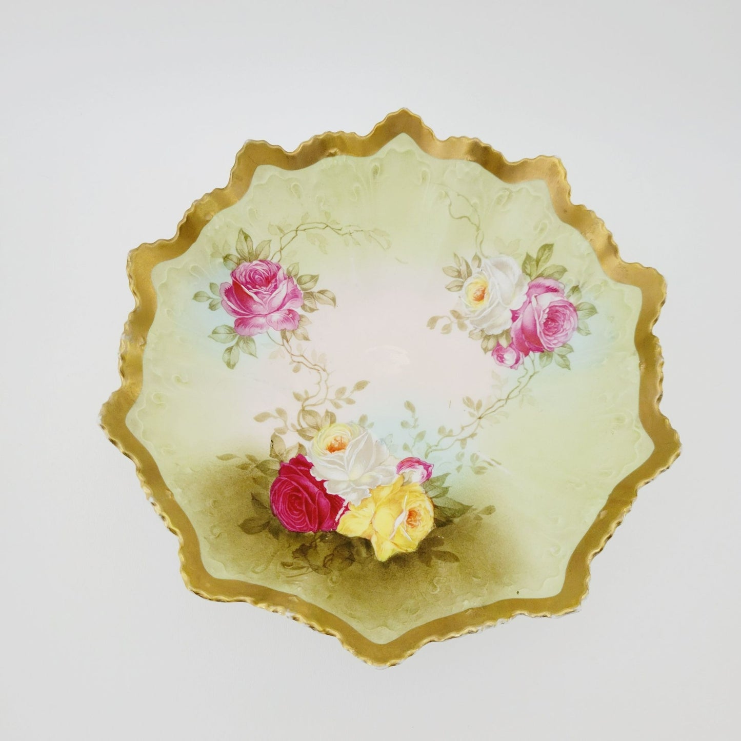 Antique M.Z Austria Cabinet Bowl, Hand Painted Green with Roses, Heavy Gold & Embossed Edging c.1884-1909