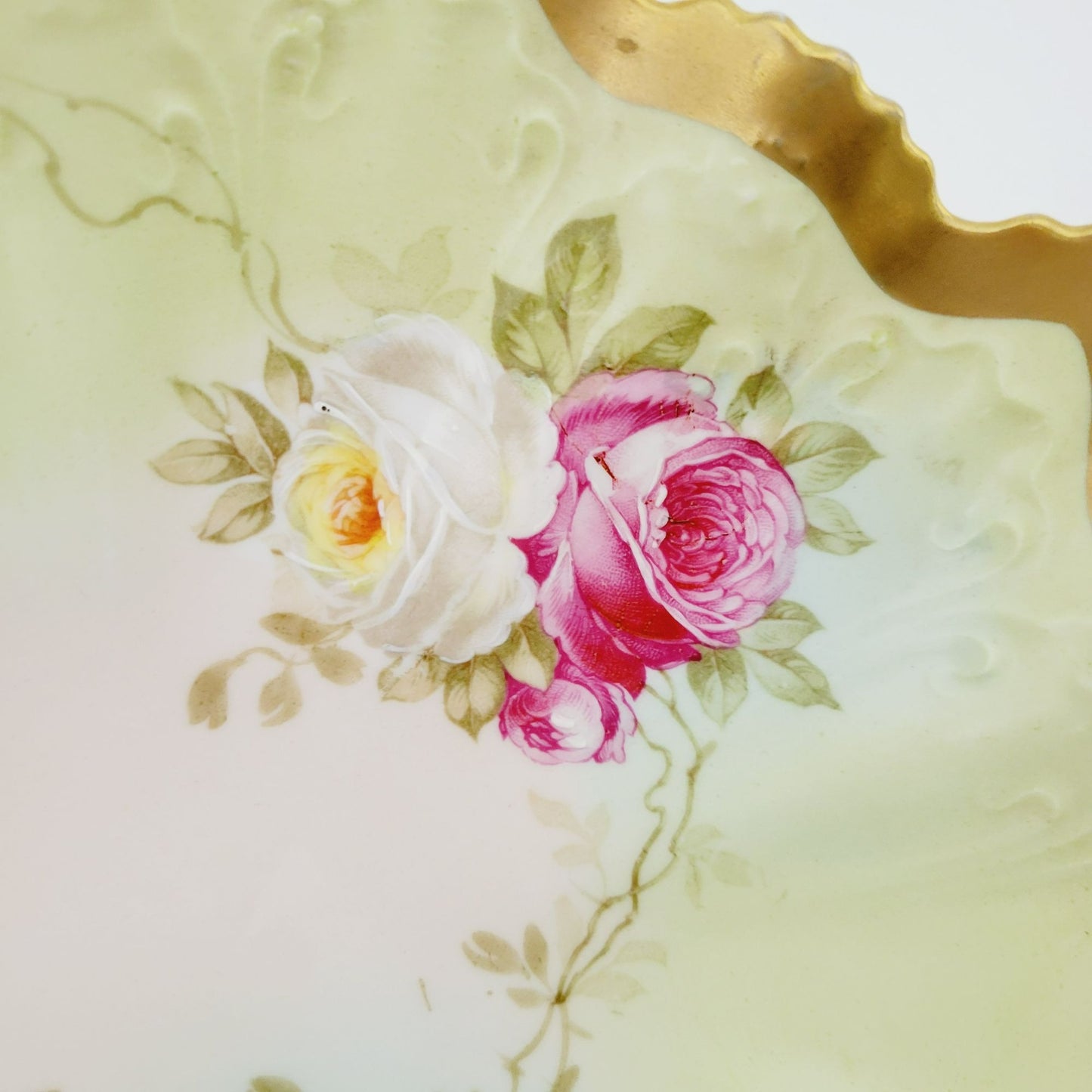Antique M.Z Austria Cabinet Bowl, Hand Painted Green with Roses, Heavy Gold & Embossed Edging c.1884-1909