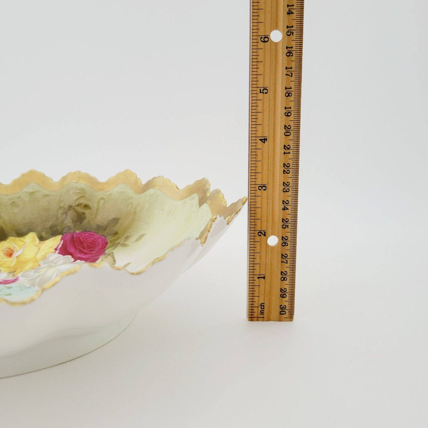Antique M.Z Austria Cabinet Bowl, Hand Painted Green with Roses, Heavy Gold & Embossed Edging c.1884-1909