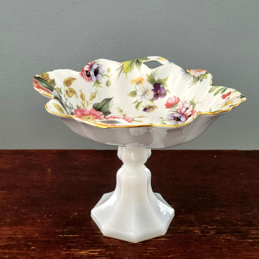 Vintage Floral Pedestal Dish, Upcycled from Milk Glass Vase & Porcelain Bowl
