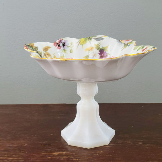 Vintage Floral Pedestal Dish, Upcycled from Milk Glass Vase & Porcelain Bowl