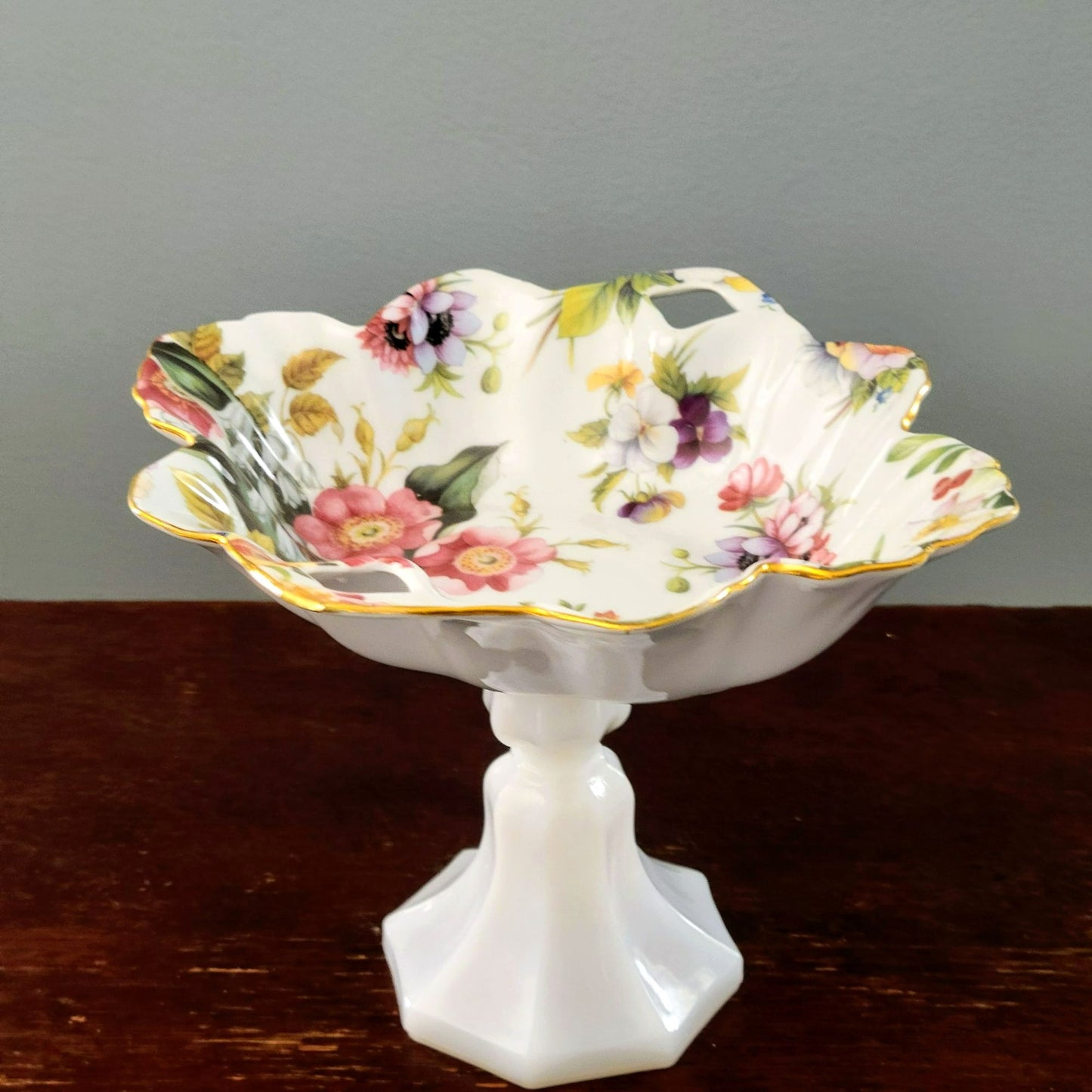 Vintage Floral Pedestal Dish, Upcycled from Milk Glass Vase & Porcelain Bowl