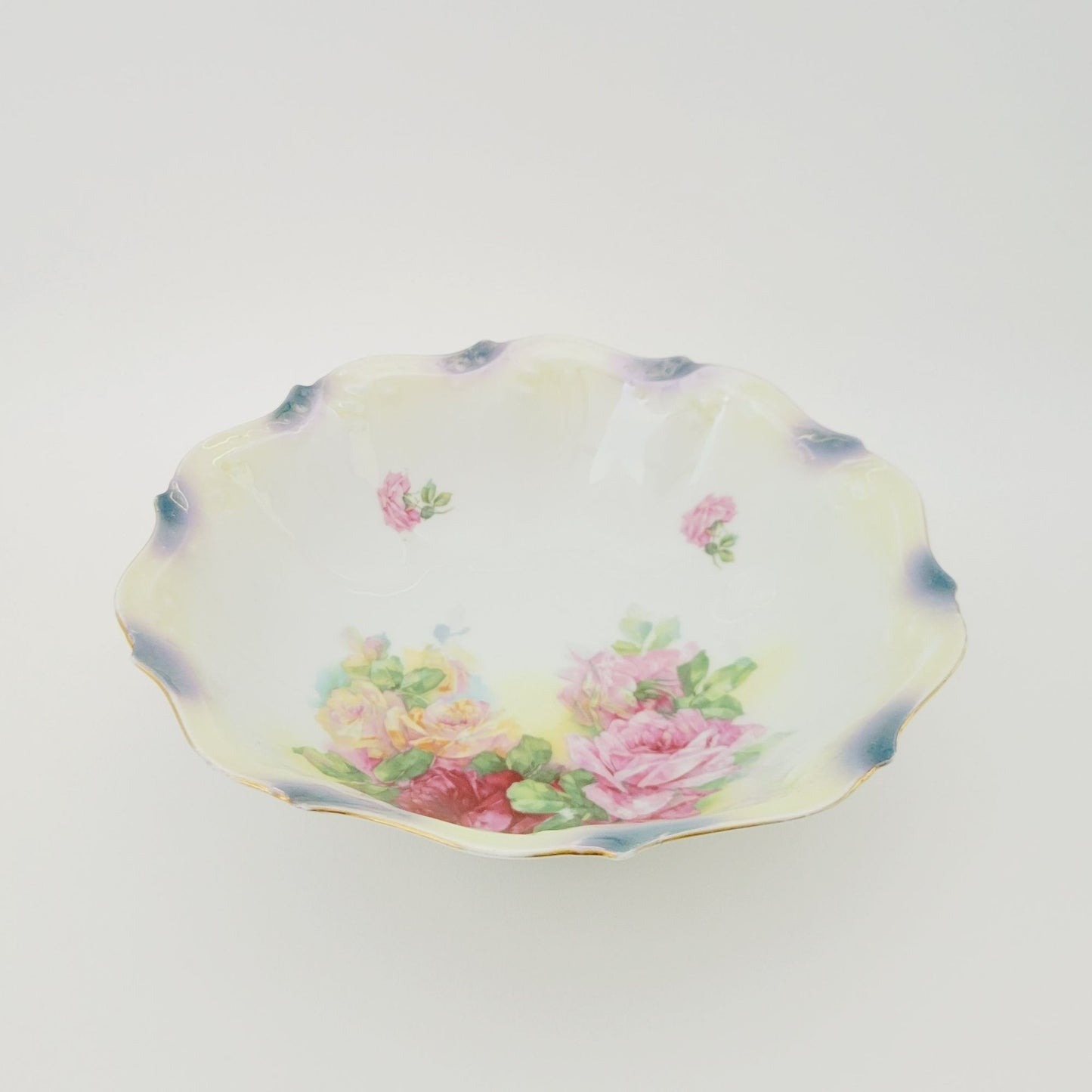 German Hand Painted Roses Bowl, High Gloss Luster Pale Yellow & Blue Floral