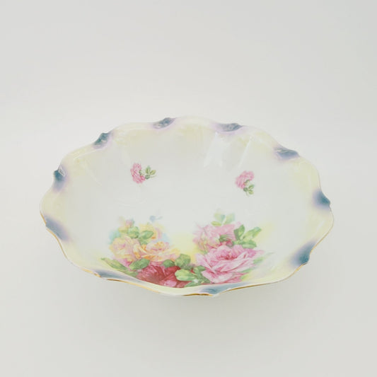 German Hand Painted Roses Bowl, High Gloss Luster Pale Yellow & Blue Floral