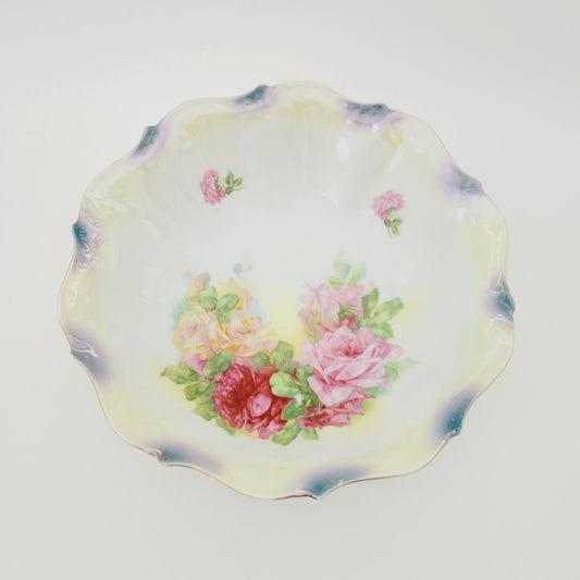 German Hand Painted Roses Bowl, High Gloss Luster Pale Yellow & Blue Floral