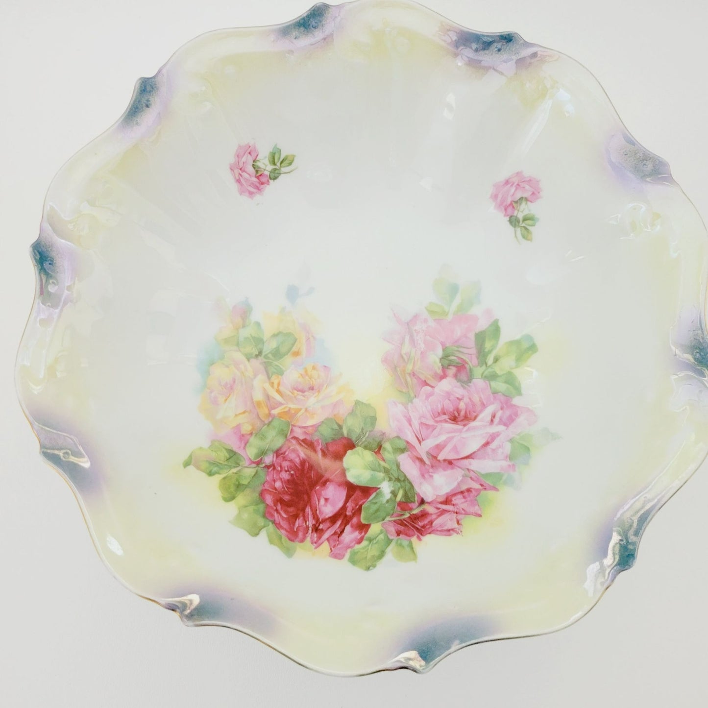 German Hand Painted Roses Bowl, High Gloss Luster Pale Yellow & Blue Floral