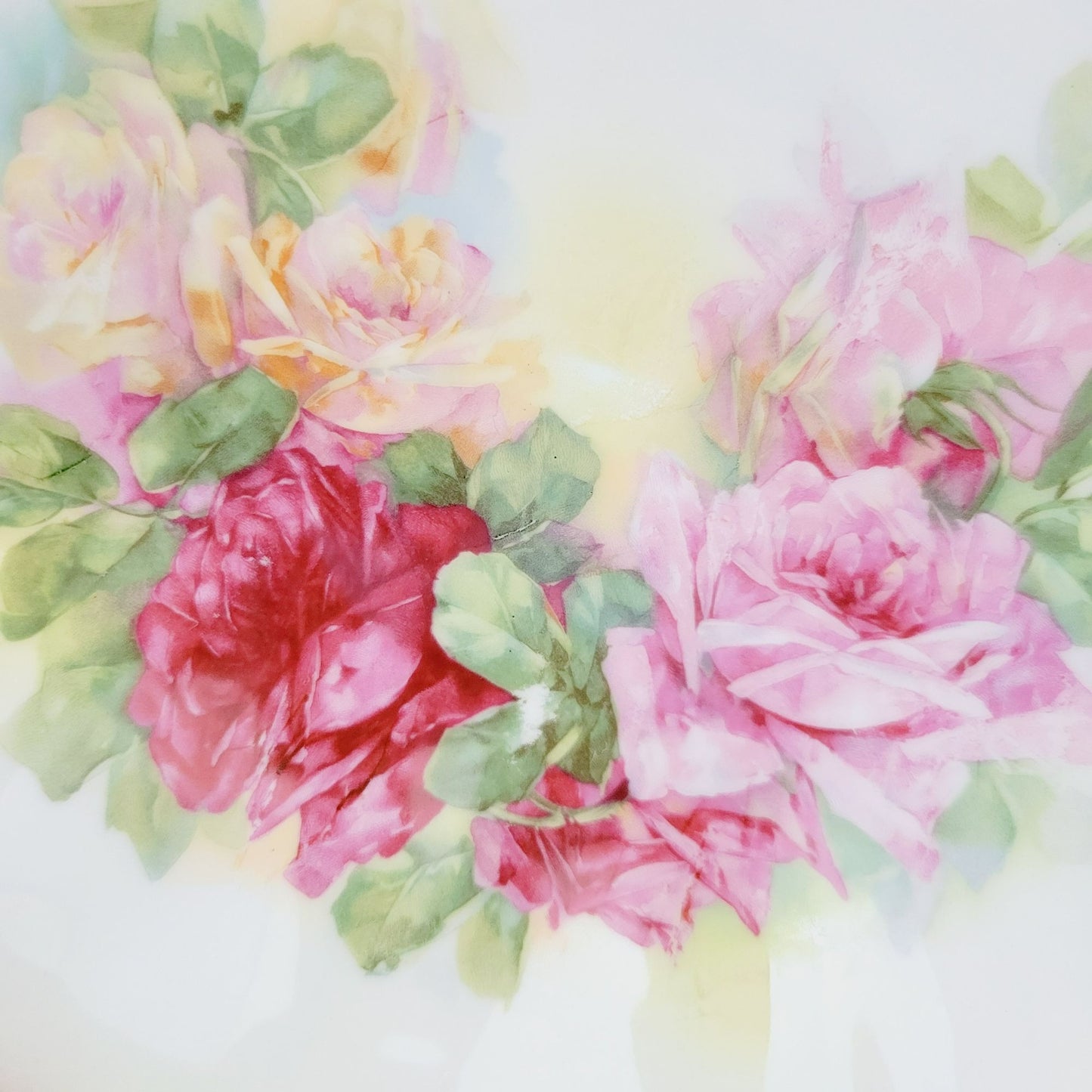 German Hand Painted Roses Bowl, High Gloss Luster Pale Yellow & Blue Floral