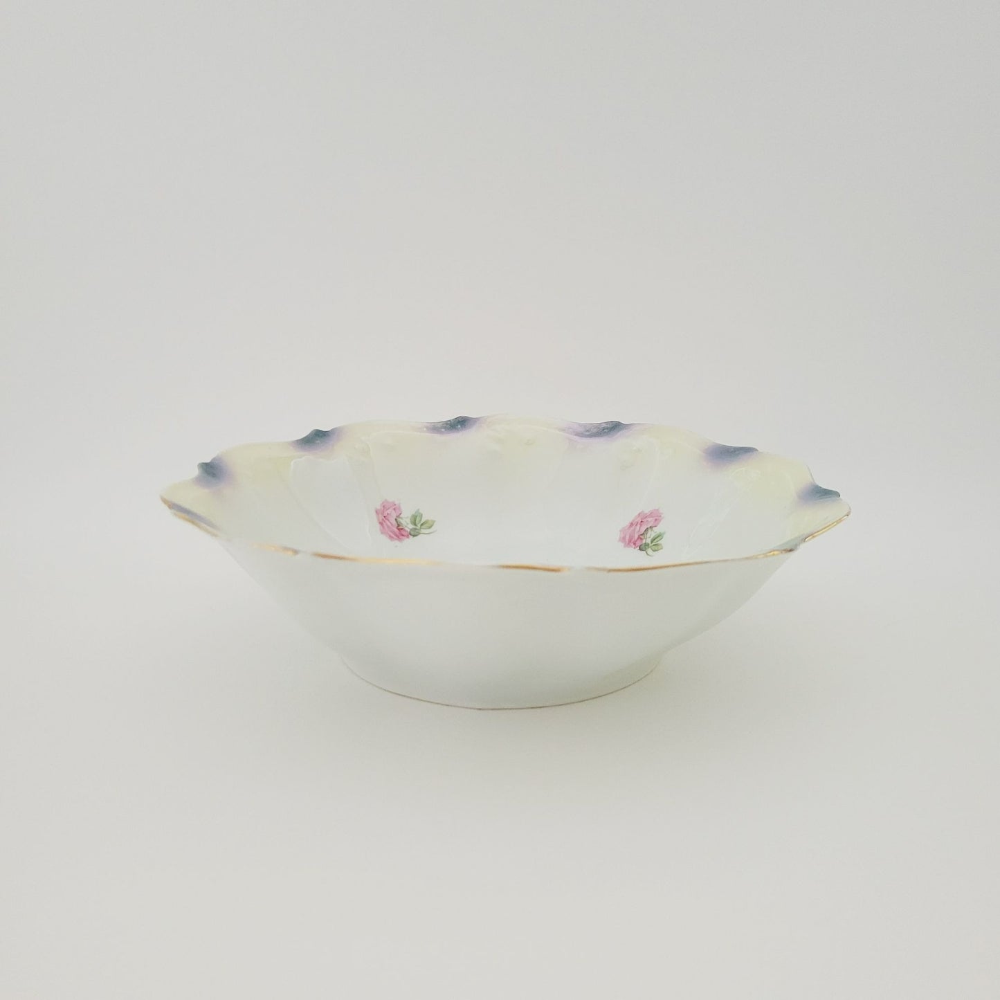 German Hand Painted Roses Bowl, High Gloss Luster Pale Yellow & Blue Floral