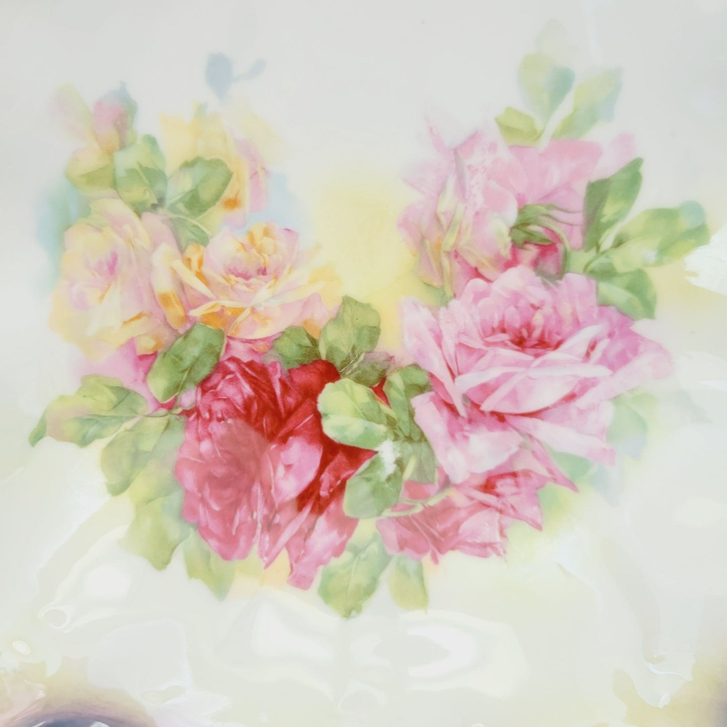 German Hand Painted Roses Bowl, High Gloss Luster Pale Yellow & Blue Floral
