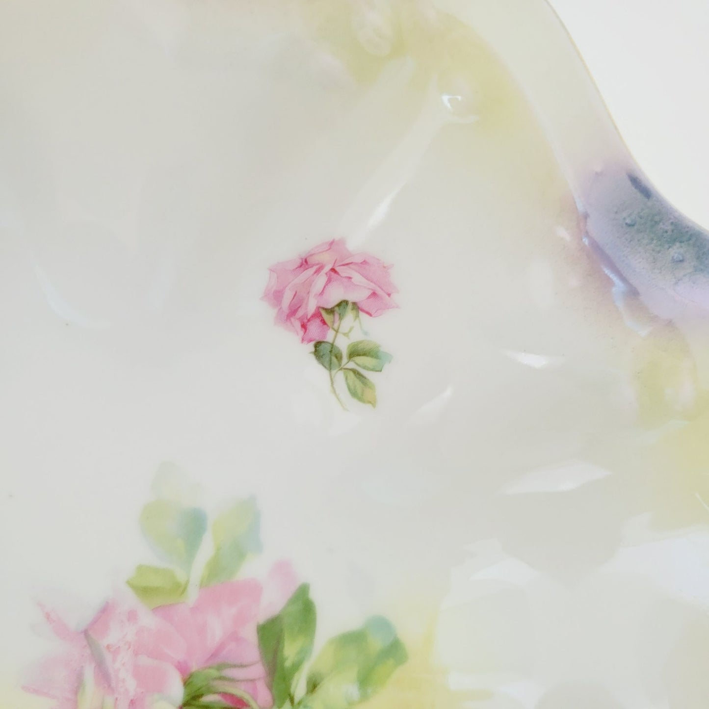 German Hand Painted Roses Bowl, High Gloss Luster Pale Yellow & Blue Floral