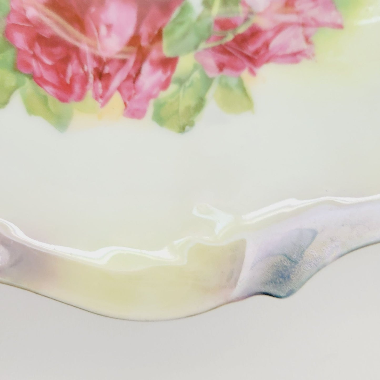 German Hand Painted Roses Bowl, High Gloss Luster Pale Yellow & Blue Floral