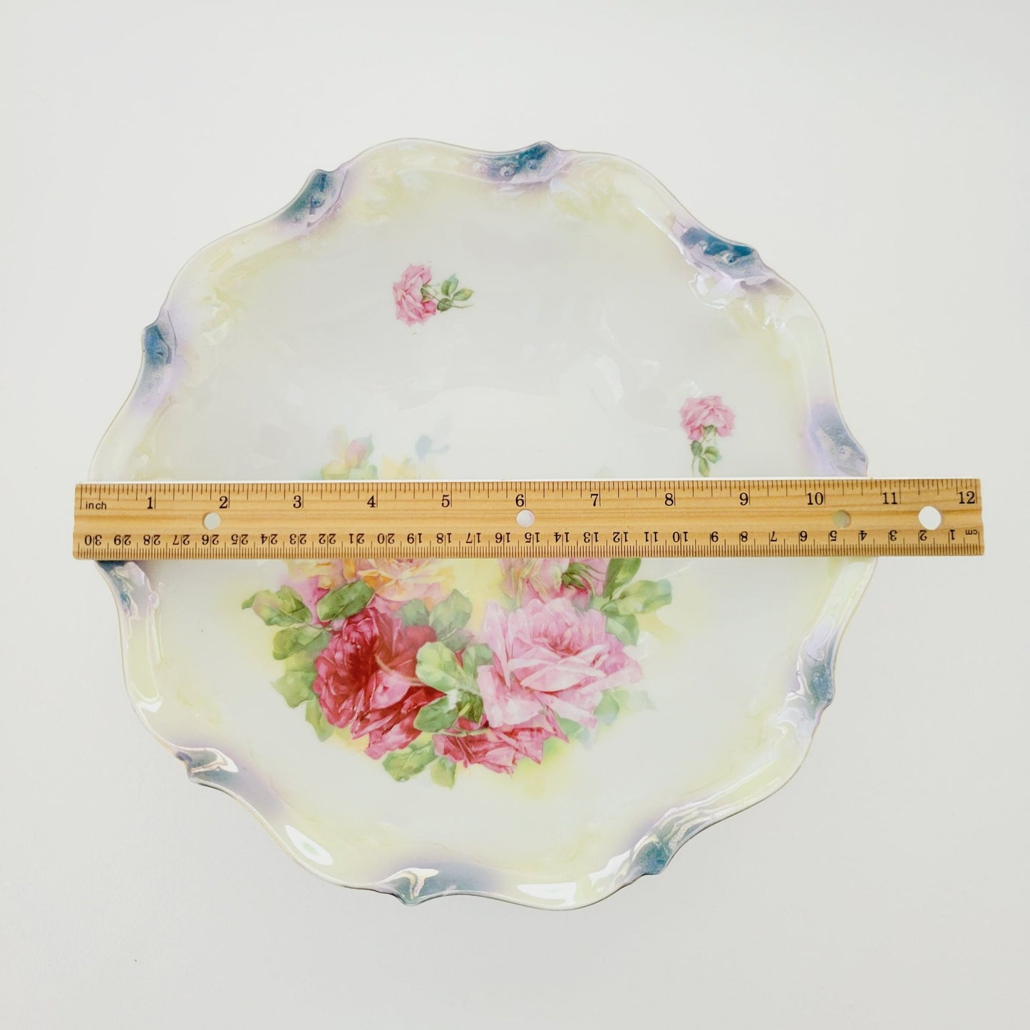 German Hand Painted Roses Bowl, High Gloss Luster Pale Yellow & Blue Floral