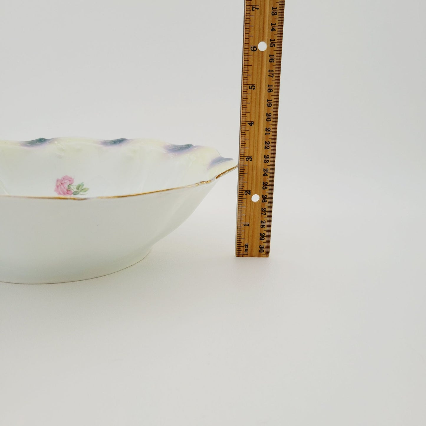 German Hand Painted Roses Bowl, High Gloss Luster Pale Yellow & Blue Floral