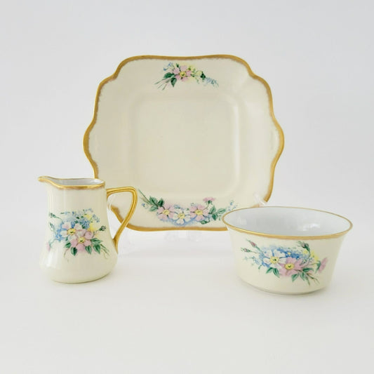 Rare Rosenthal Antique Floral Creamer, Sugar Bowl & Tea Tray, Hand Painted, c.1891-1906 Germany