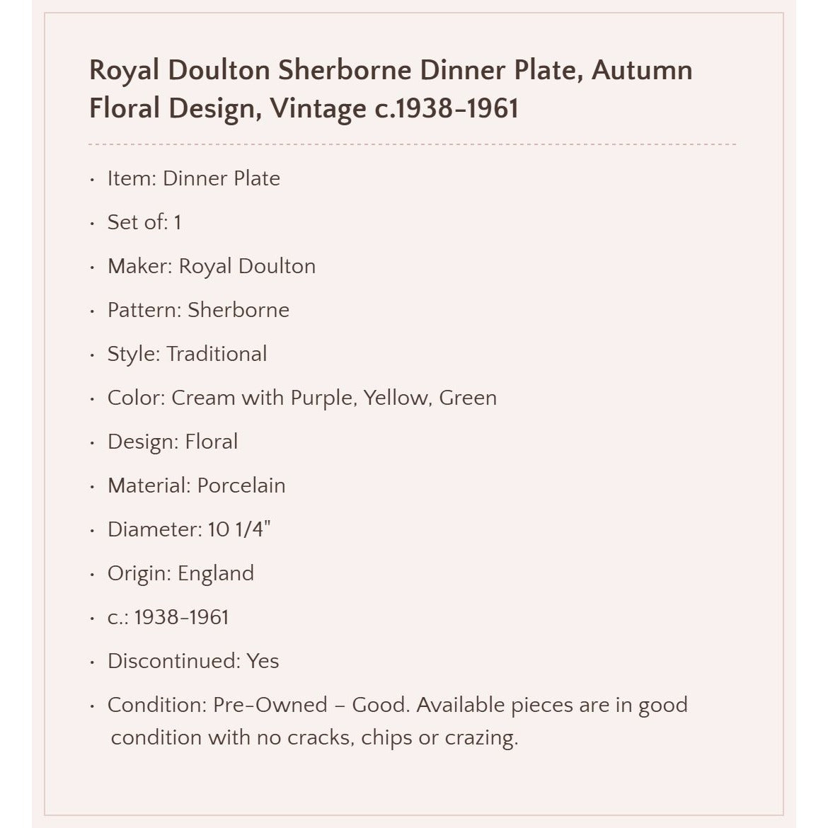 Royal Doulton "Sherborne" Dinner Plate, c.1938-1961 England