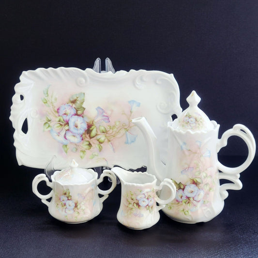 Vintage Hand Painted Floral Coffee Serving Set, Elegant White Embossed Design, Blue & Pink Pansy Flower, Artist Signed