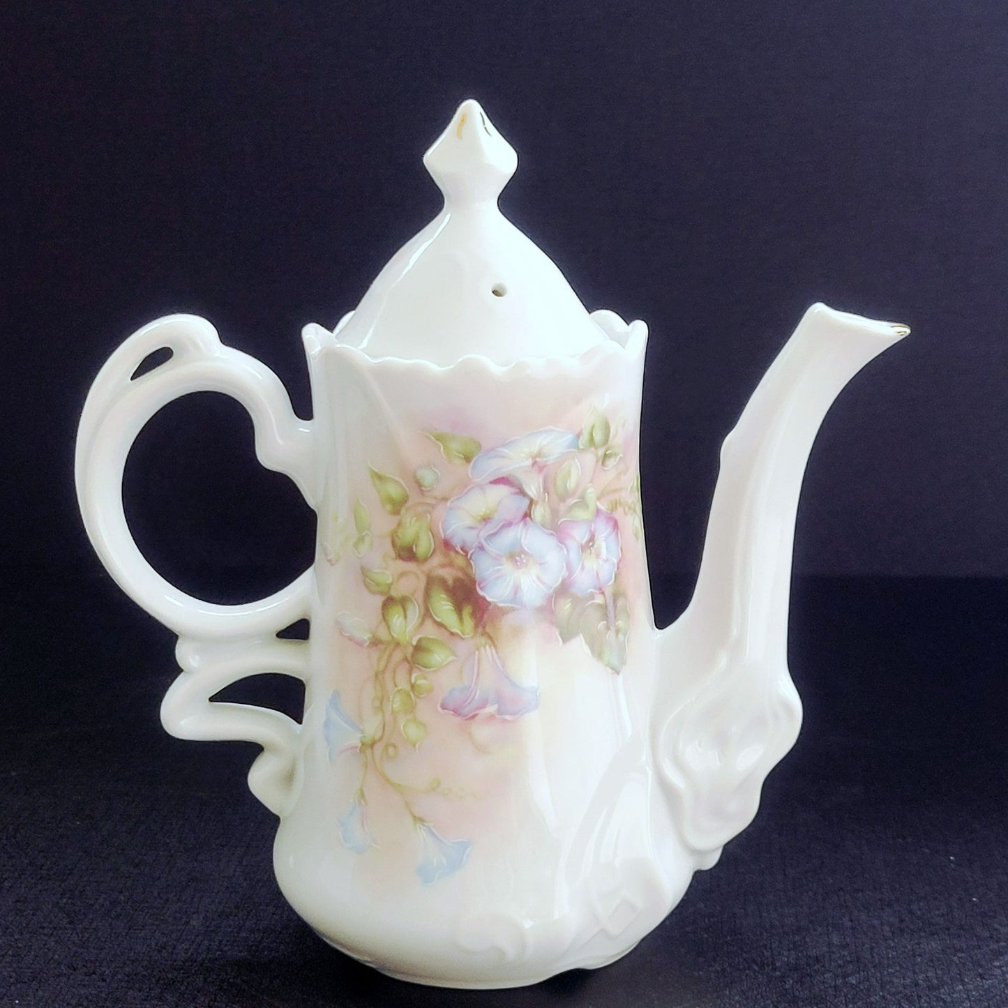 Vintage Hand Painted Floral Coffee Serving Set, Elegant White Embossed Design, Blue & Pink Pansy Flower, Artist Signed