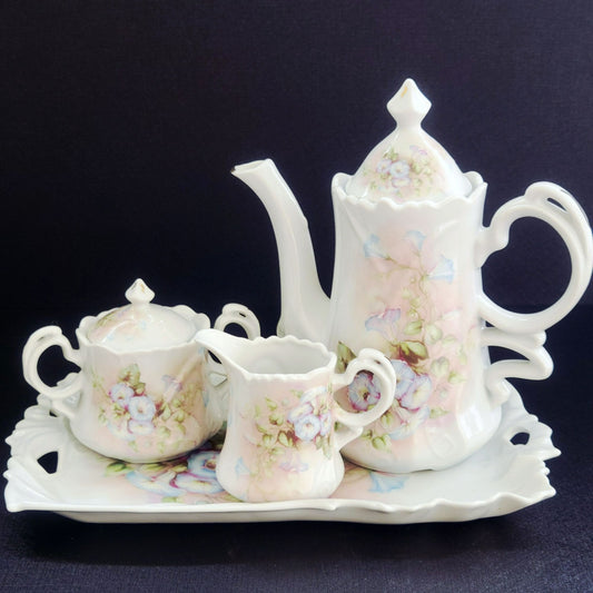 Vintage Hand Painted Floral Coffee Serving Set, Elegant White Embossed Design, Blue & Pink Pansy Flower, Artist Signed