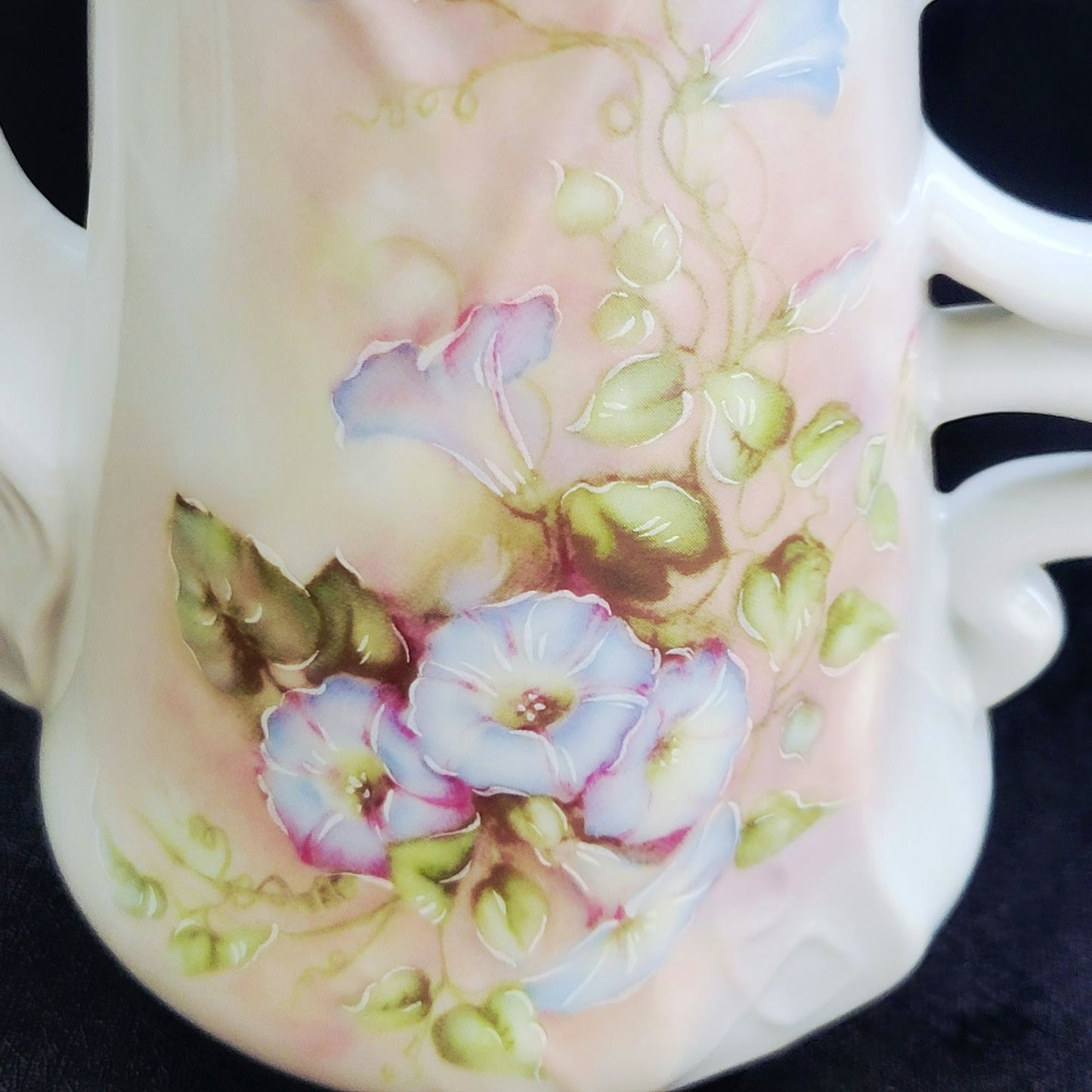 Vintage Hand Painted Floral Coffee Serving Set, Elegant White Embossed Design, Blue & Pink Pansy Flower, Artist Signed