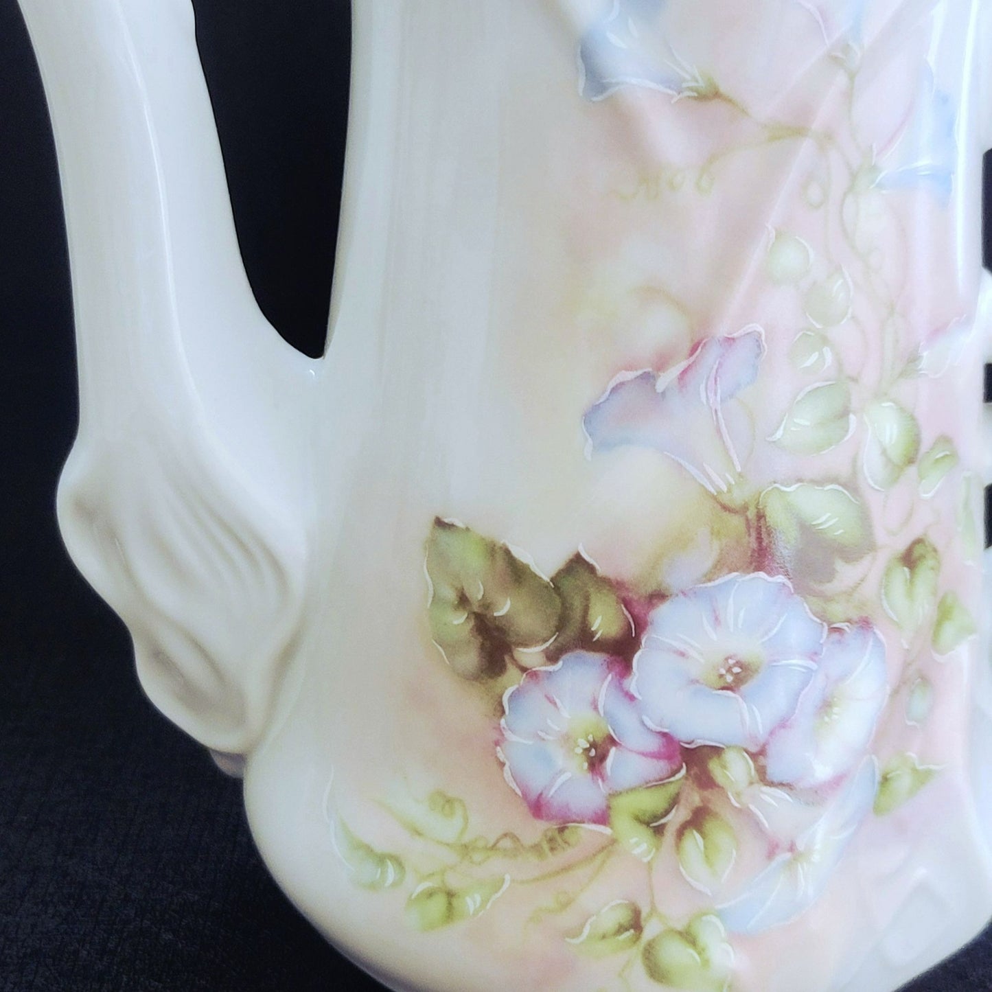Vintage Hand Painted Floral Coffee Serving Set, Elegant White Embossed Design, Blue & Pink Pansy Flower, Artist Signed