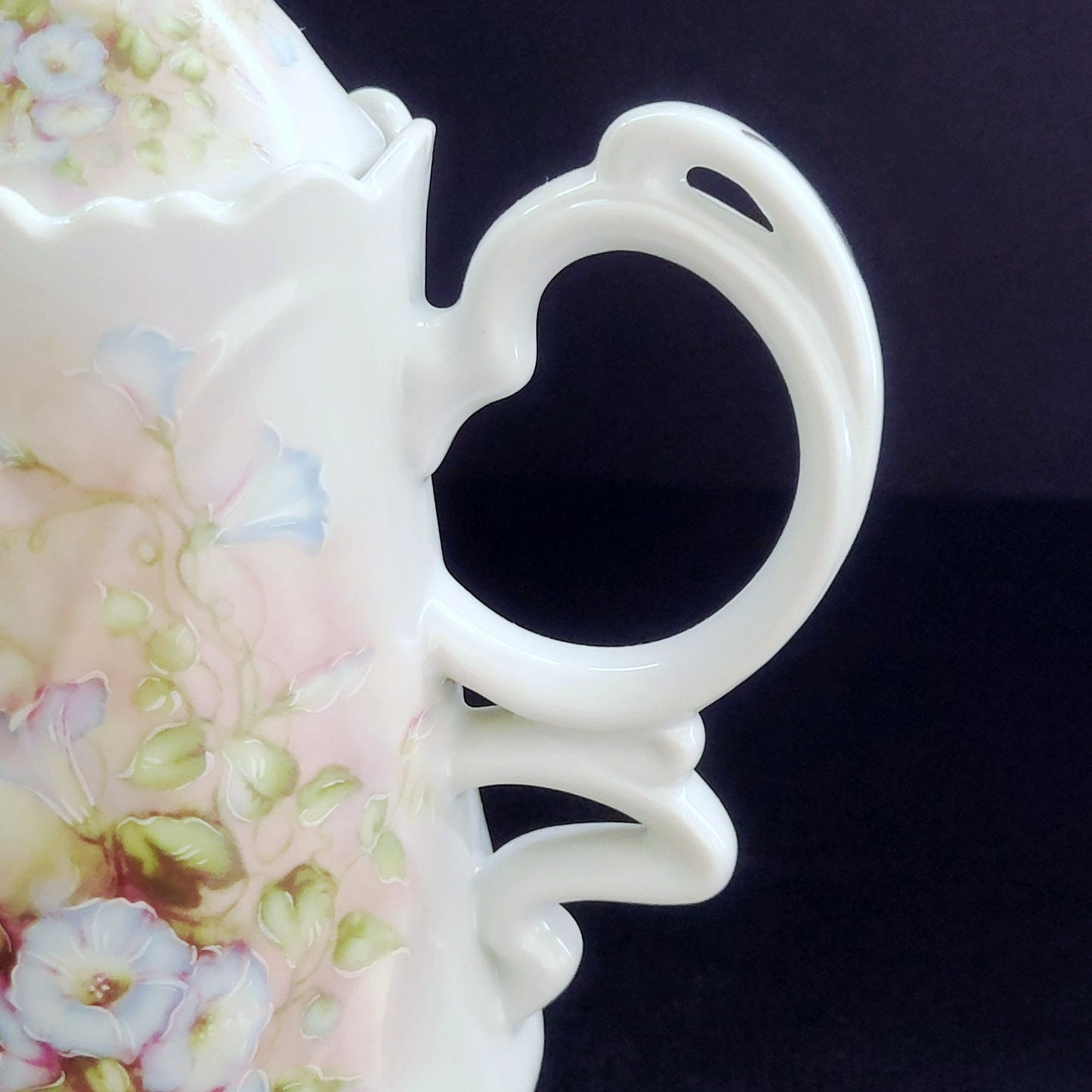 Vintage Hand Painted Floral Coffee Serving Set, Elegant White Embossed Design, Blue & Pink Pansy Flower, Artist Signed