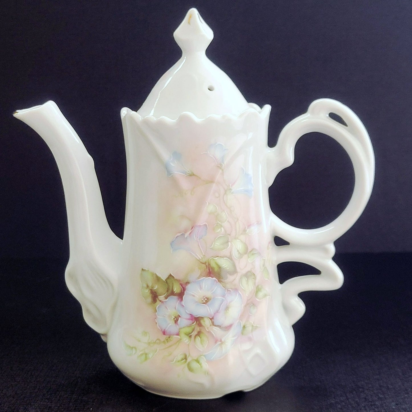 Vintage Hand Painted Floral Coffee Serving Set, Elegant White Embossed Design, Blue & Pink Pansy Flower, Artist Signed