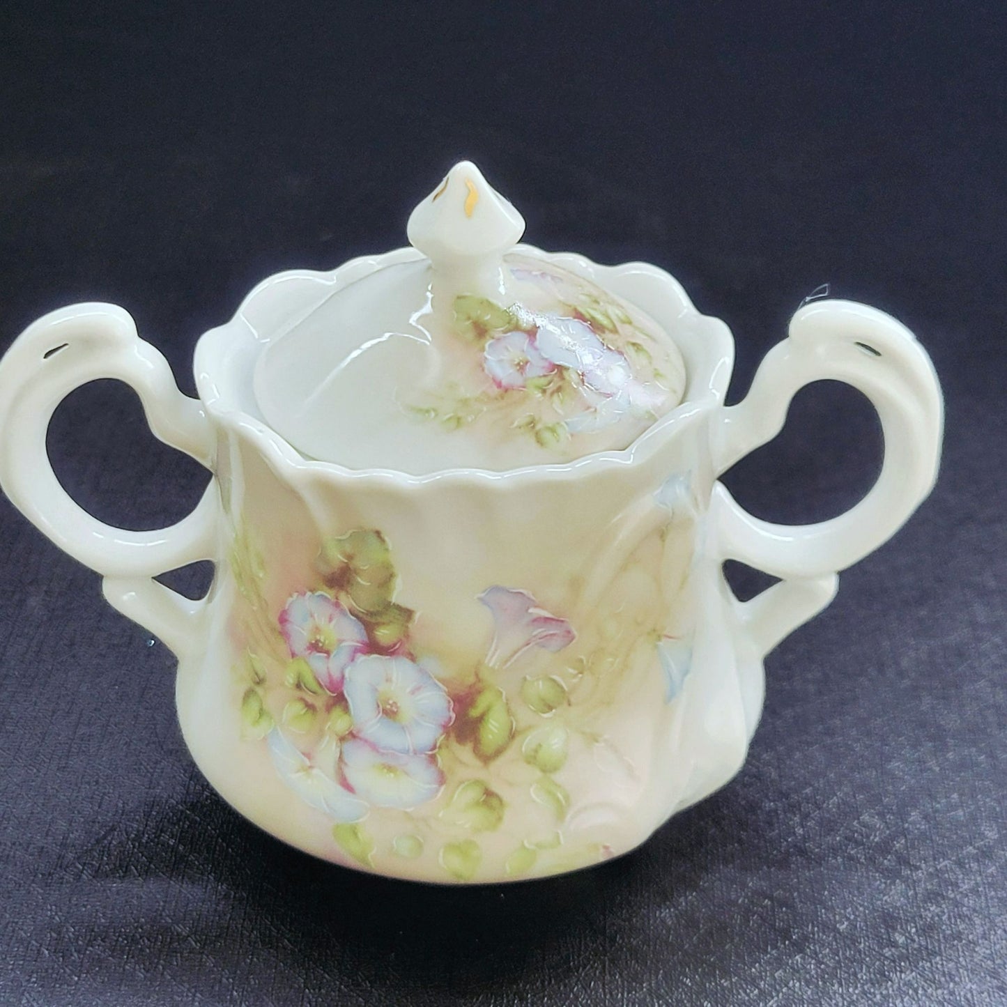 Vintage Hand Painted Floral Coffee Serving Set, Elegant White Embossed Design, Blue & Pink Pansy Flower, Artist Signed