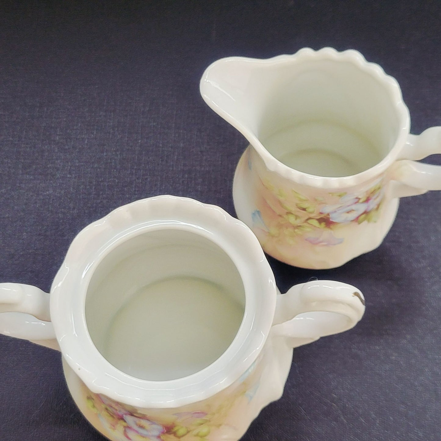 Vintage Hand Painted Floral Coffee Serving Set, Elegant White Embossed Design, Blue & Pink Pansy Flower, Artist Signed