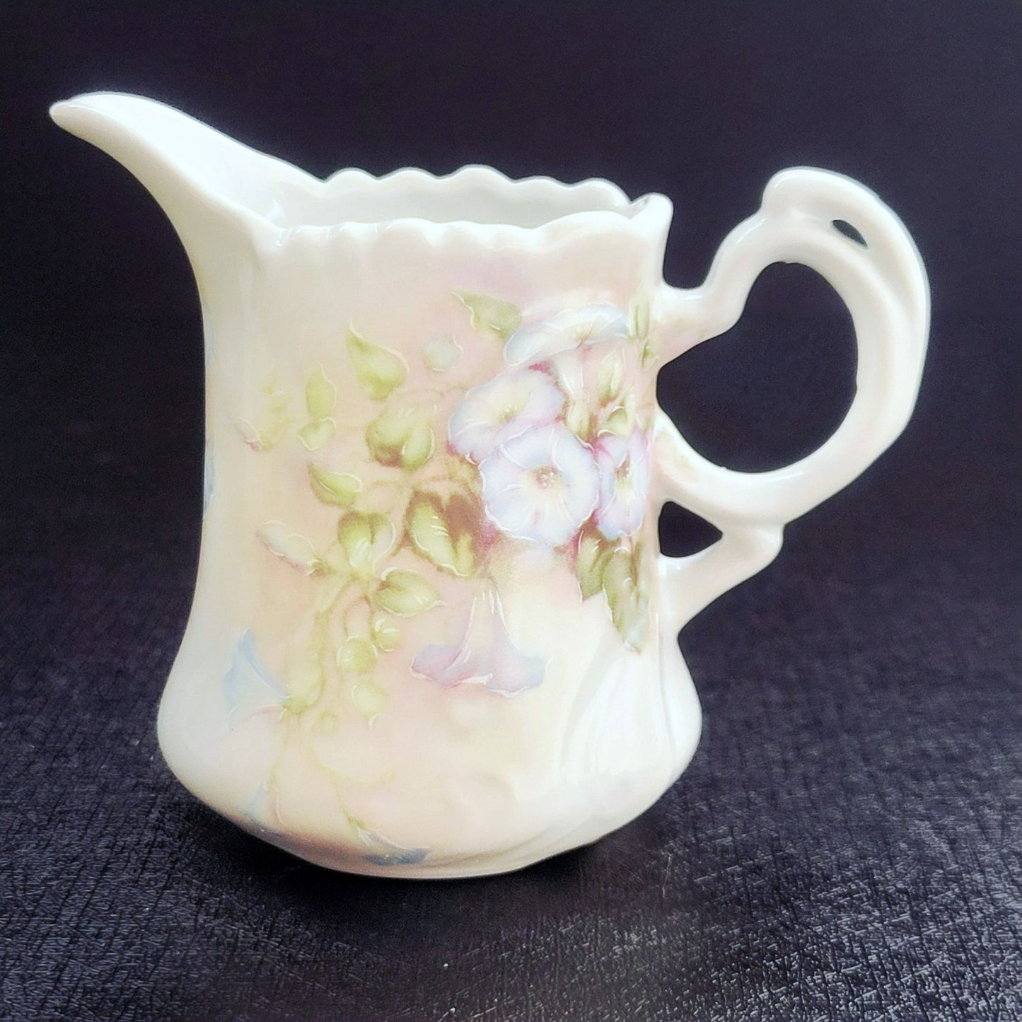 Vintage Hand Painted Floral Coffee Serving Set, Elegant White Embossed Design, Blue & Pink Pansy Flower, Artist Signed
