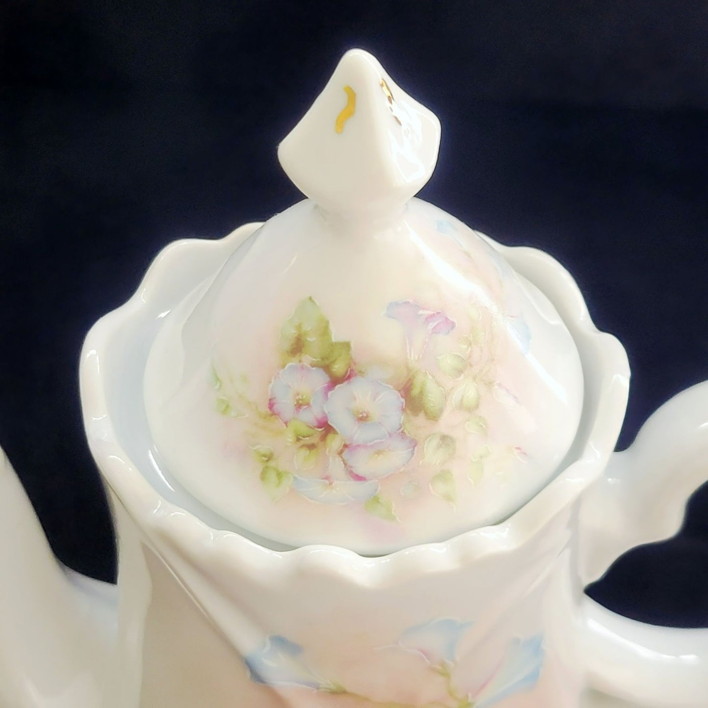 Vintage Hand Painted Floral Coffee Serving Set, Elegant White Embossed Design, Blue & Pink Pansy Flower, Artist Signed