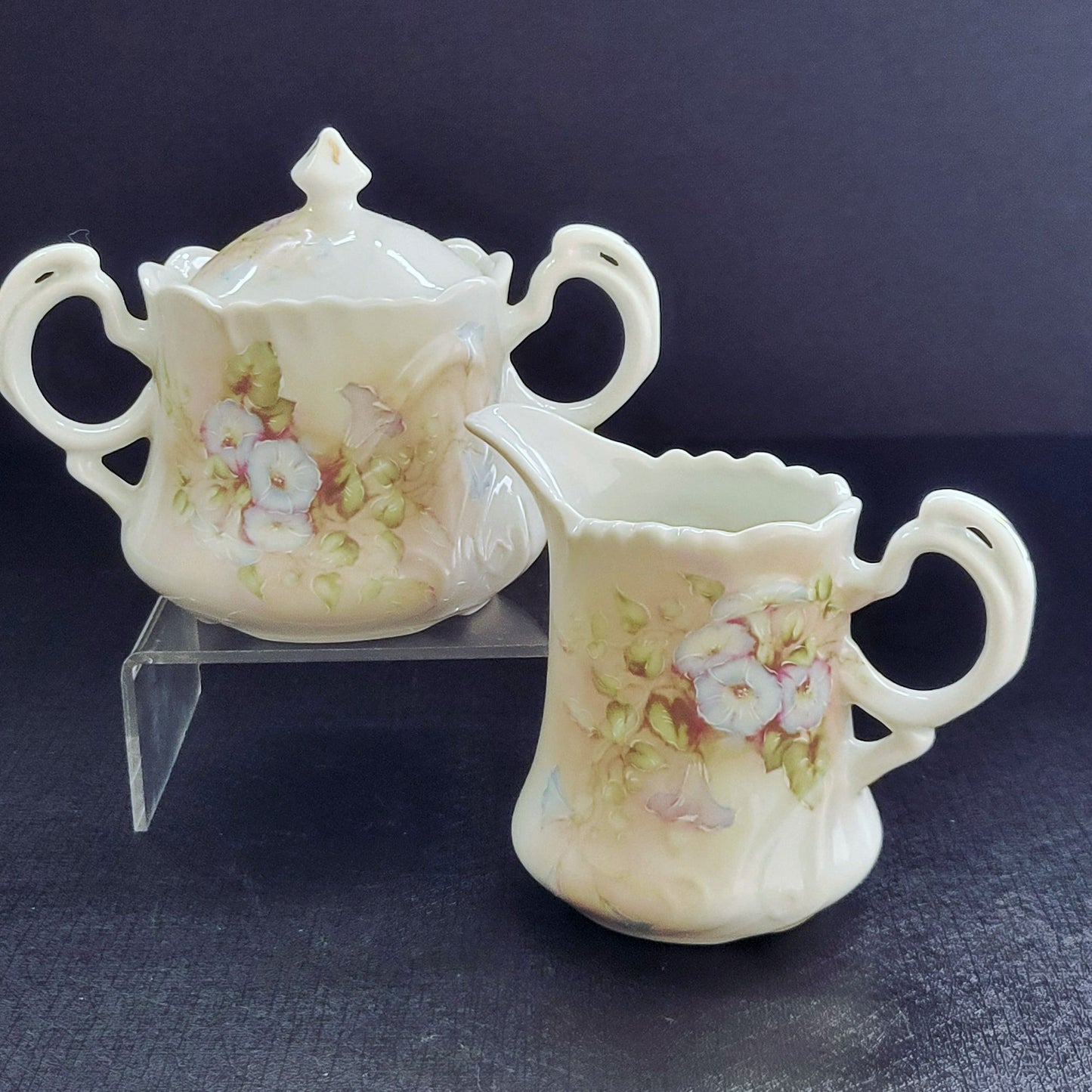 Vintage Hand Painted Floral Coffee Serving Set, Elegant White Embossed Design, Blue & Pink Pansy Flower, Artist Signed