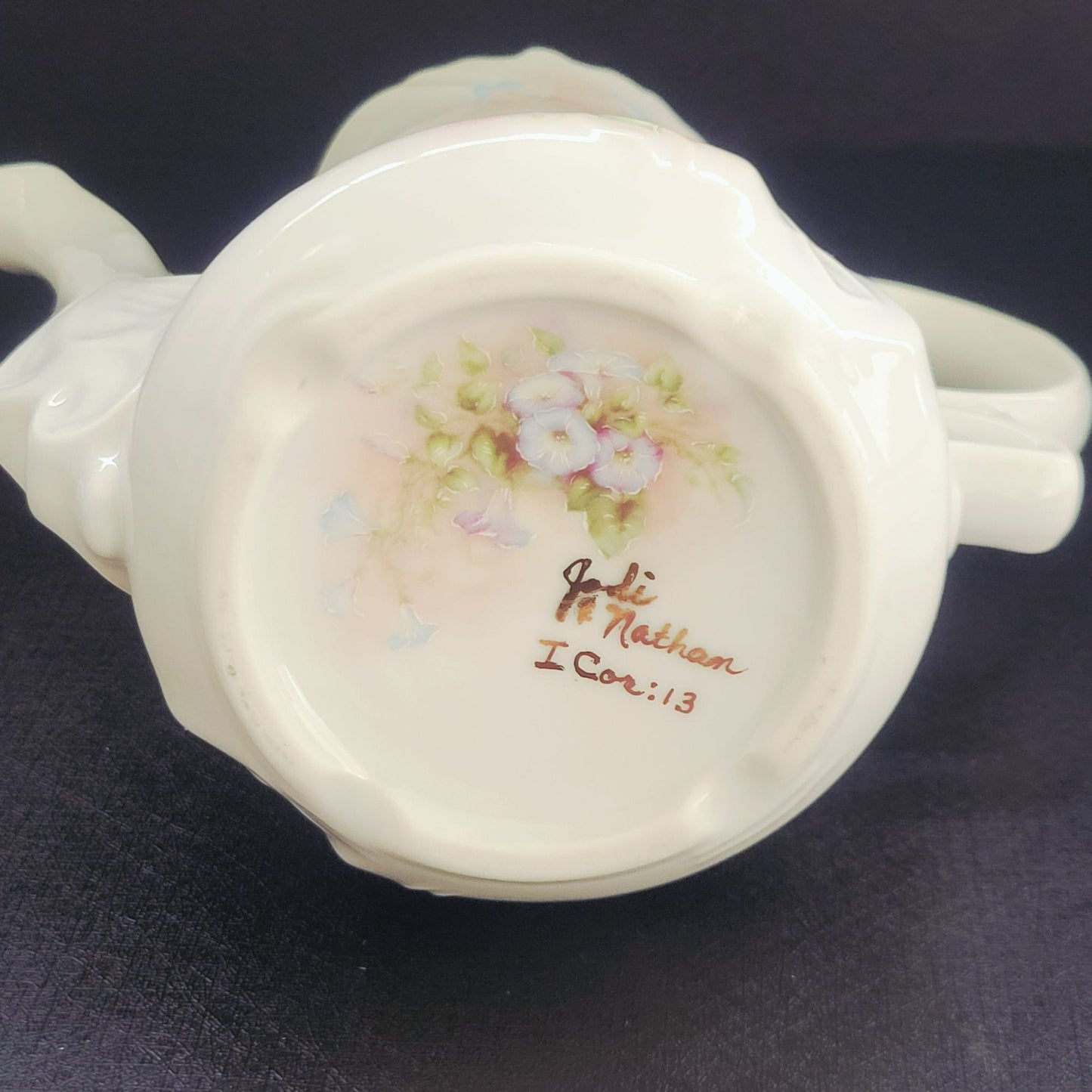 Vintage Hand Painted Floral Coffee Serving Set, Elegant White Embossed Design, Blue & Pink Pansy Flower, Artist Signed