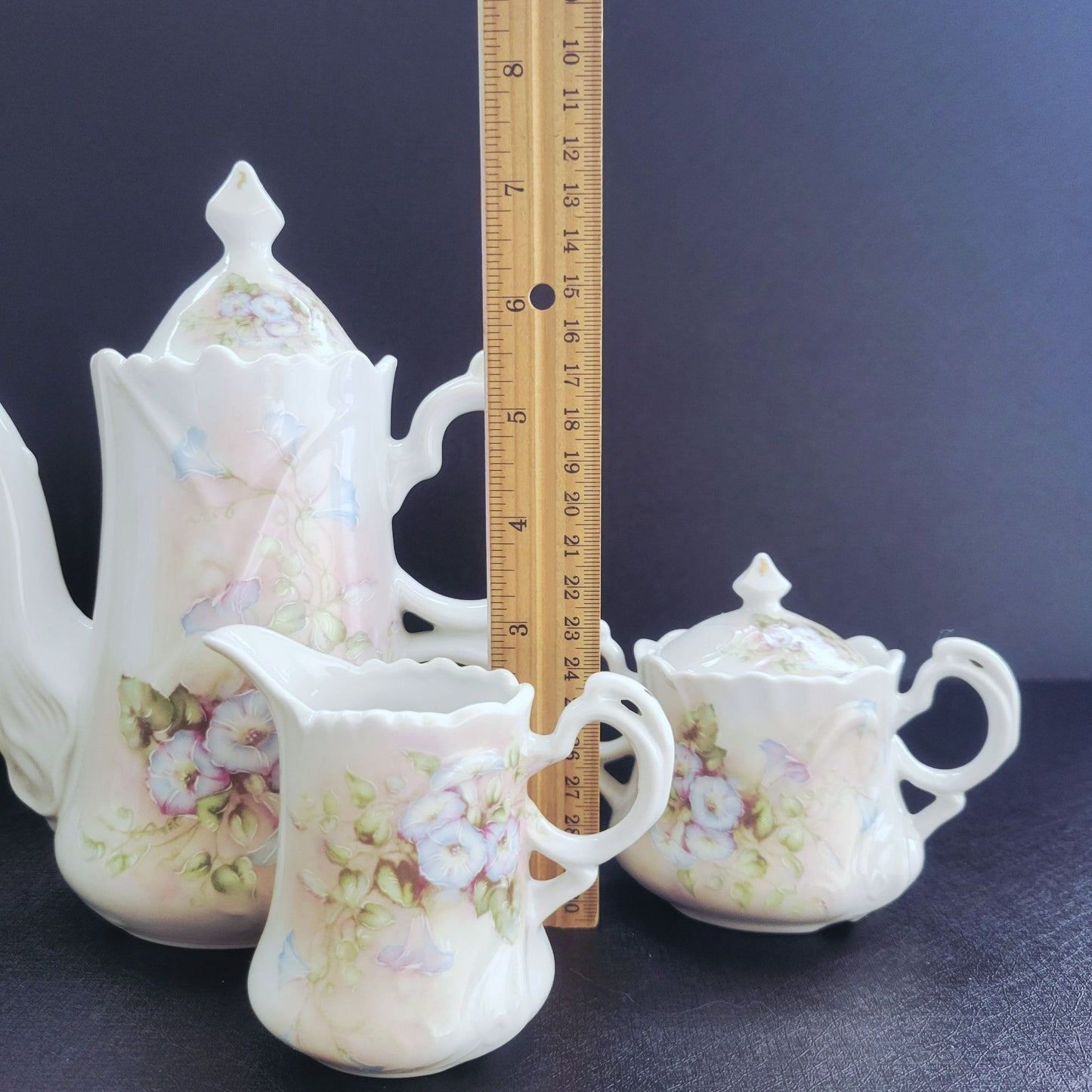 Vintage Hand Painted Floral Coffee Serving Set, Elegant White Embossed Design, Blue & Pink Pansy Flower, Artist Signed
