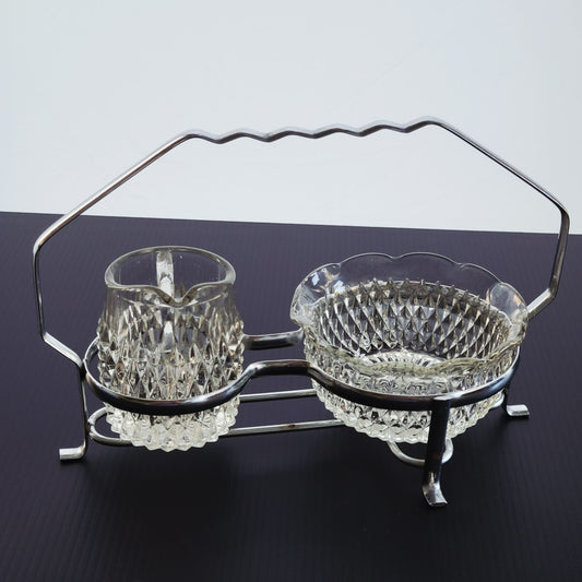 Vintage Cut Glass Cream & Sugar Caddy Set, Diamond Pattern