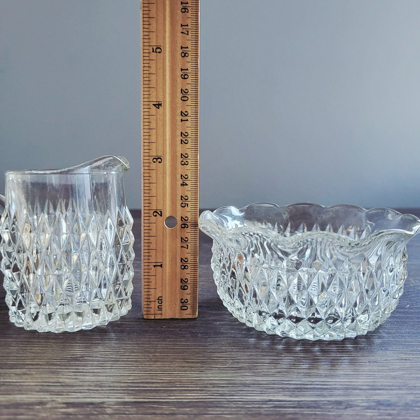 Vintage Cut Glass Cream & Sugar Caddy Set, Diamond Pattern