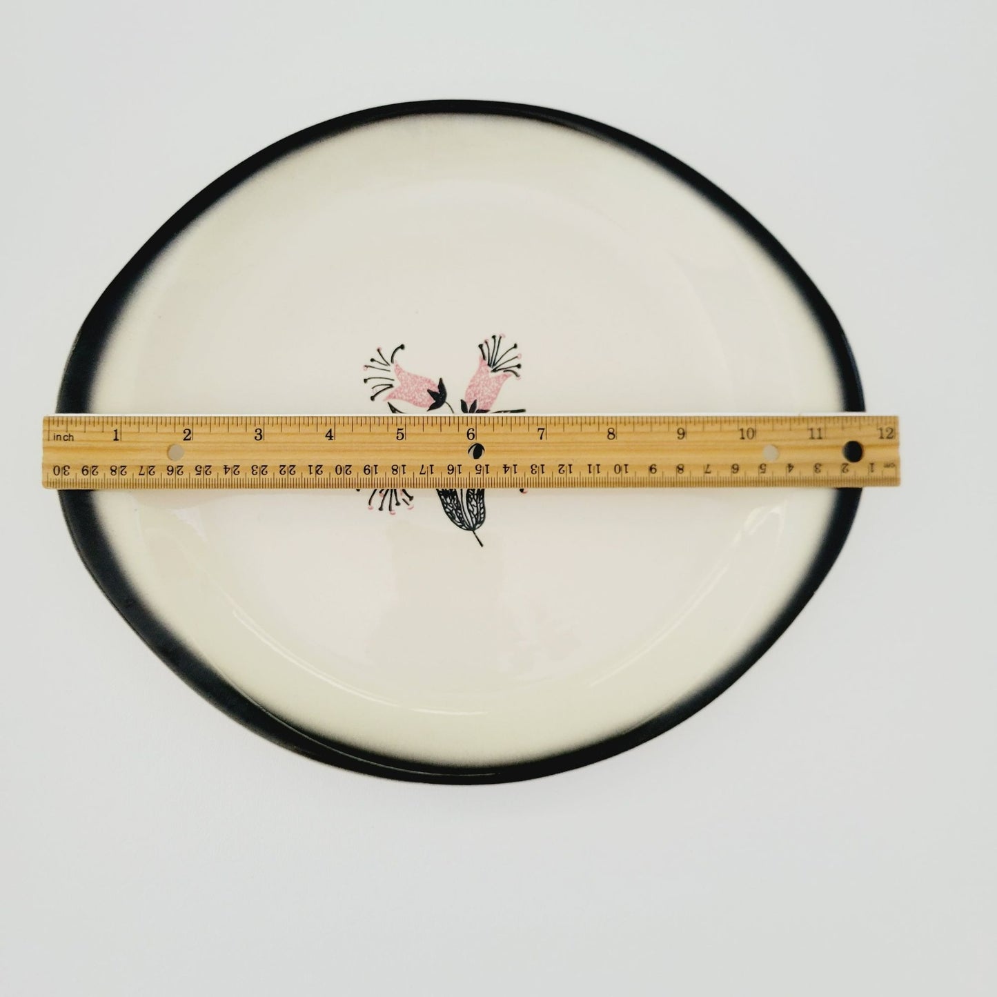 Stetson Potteries Pink & Black Floral 11" Oval Platter, MCM c.1960s USA