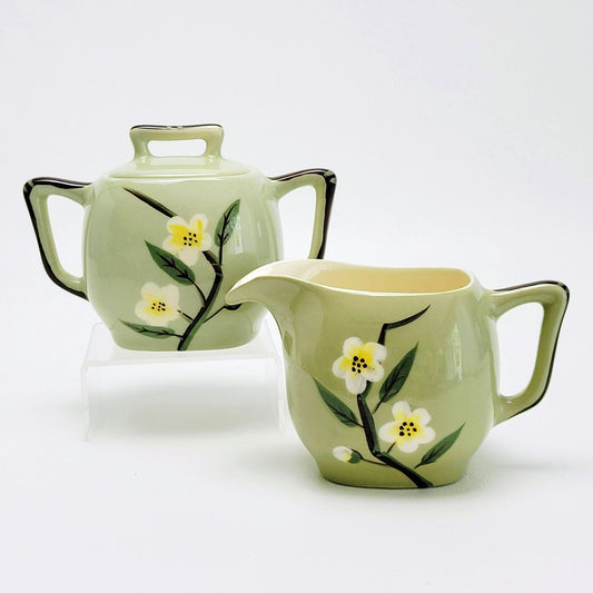Mid Century Modern Green Floral Square Creamer & Sugar Bowl by Weil Ware, Blossom Celadon, c.1946-55 USA