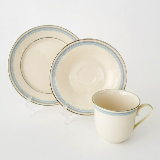 Lenox Bradford Teacup, Saucer & Bread Plate Set, Cream with Blue & Platinum Trim, c.1980s USA Made