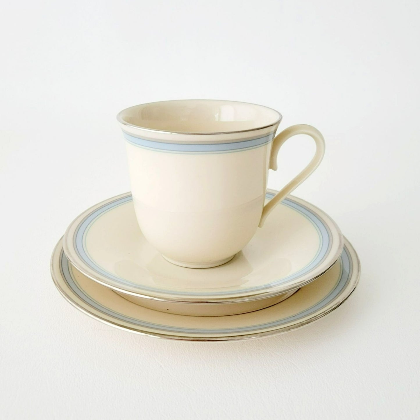 Lenox Bradford Teacup, Saucer & Bread Plate Set, Cream with Blue & Platinum Trim, c.1980s USA Made