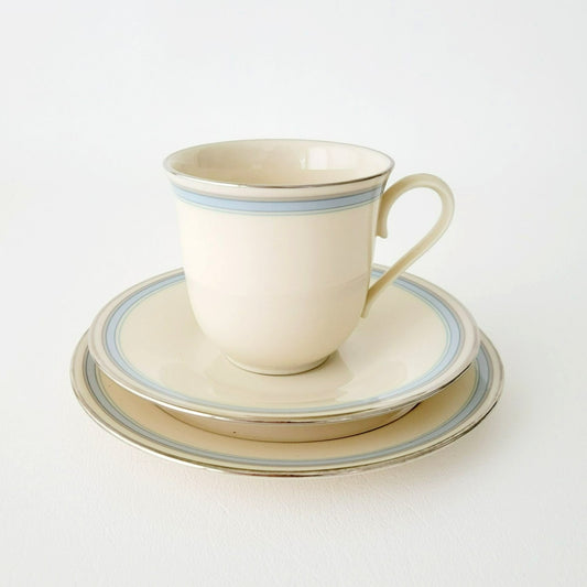 Lenox Bradford Teacup, Saucer & Bread Plate Set, Cream with Blue & Platinum Trim, c.1980s USA Made