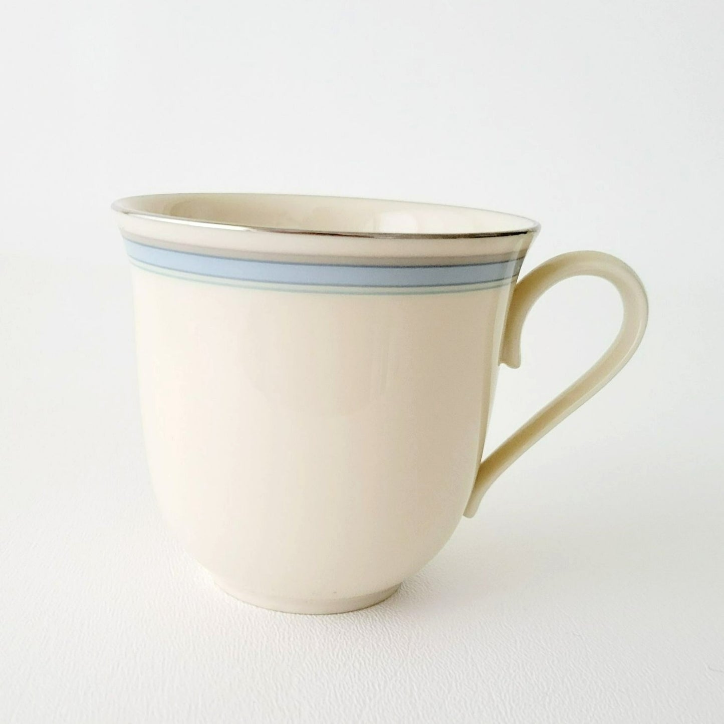 Lenox Bradford Teacup, Saucer & Bread Plate Set, Cream with Blue & Platinum Trim, c.1980s USA Made
