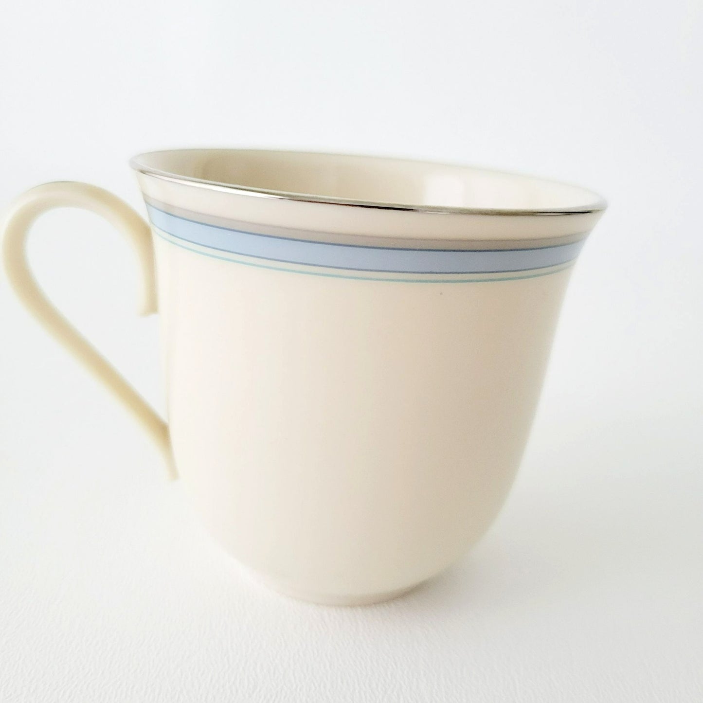 Lenox Bradford Teacup, Saucer & Bread Plate Set, Cream with Blue & Platinum Trim, c.1980s USA Made