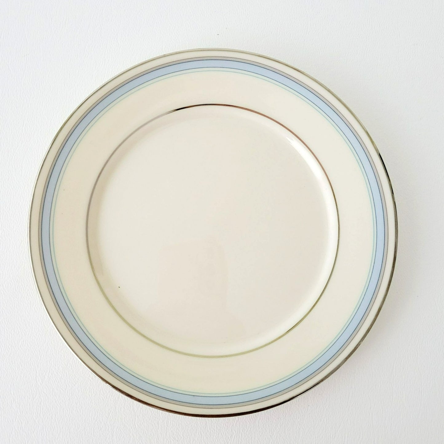 Lenox Bradford Teacup, Saucer & Bread Plate Set, Cream with Blue & Platinum Trim, c.1980s USA Made