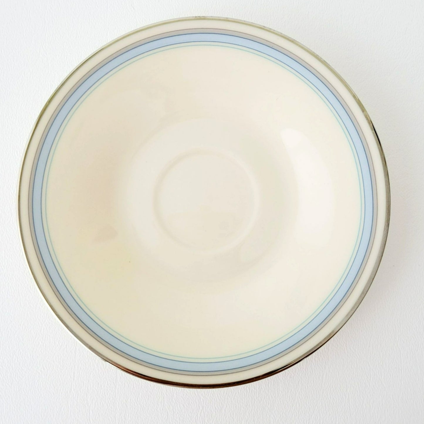 Lenox Bradford Teacup, Saucer & Bread Plate Set, Cream with Blue & Platinum Trim, c.1980s USA Made